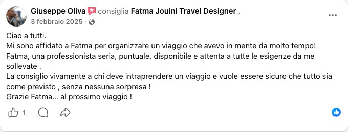 Recensione Facebook di una viaggiatrice di Fatma Jouini Travel Designer
