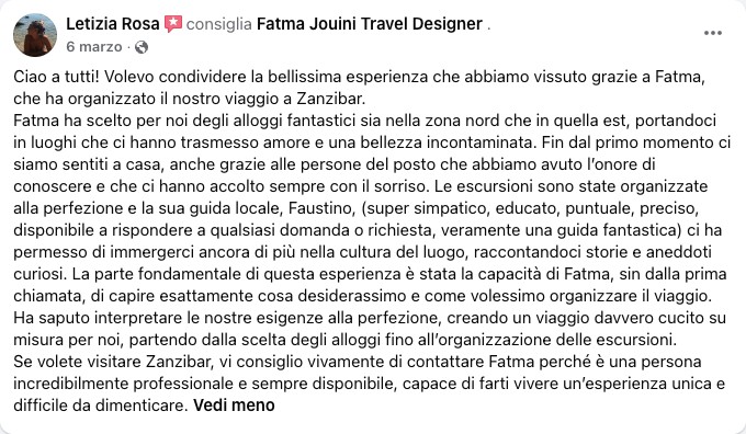 Recensione Facebook di una viaggiatrice di Fatma Jouini Travel Designer