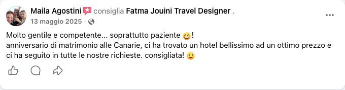 Recensione Facebook di una viaggiatrice di Fatma Jouini Travel Designer